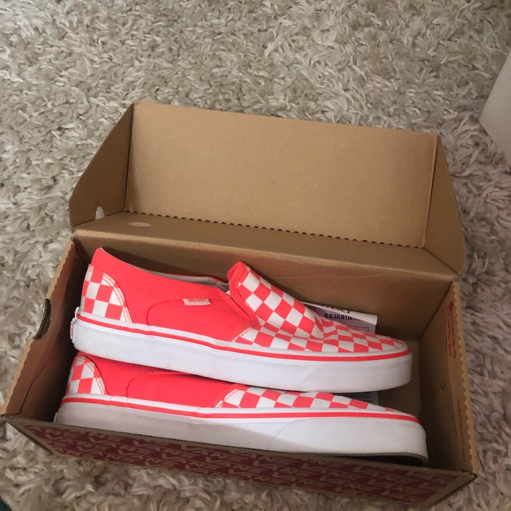 Neon orange checkered print Vans